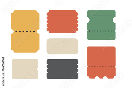 Collection of blank vintage-style admission tickets and coupons in various shapes and colors