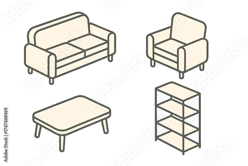 Minimalist isometric furniture set with sofa armchair coffee table and shelving unit
