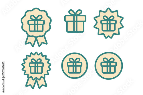 Stylized gift box badges and reward symbols for loyalty programs and customer bonuses