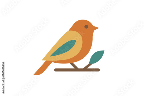 Minimalist paper cut style bird perched on a small branch with a single leaf