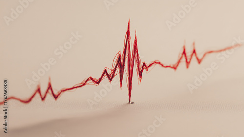 Creative red wire wave shaped as irregular ECG line waveform representing heartbeat and cardiac arrhythmia