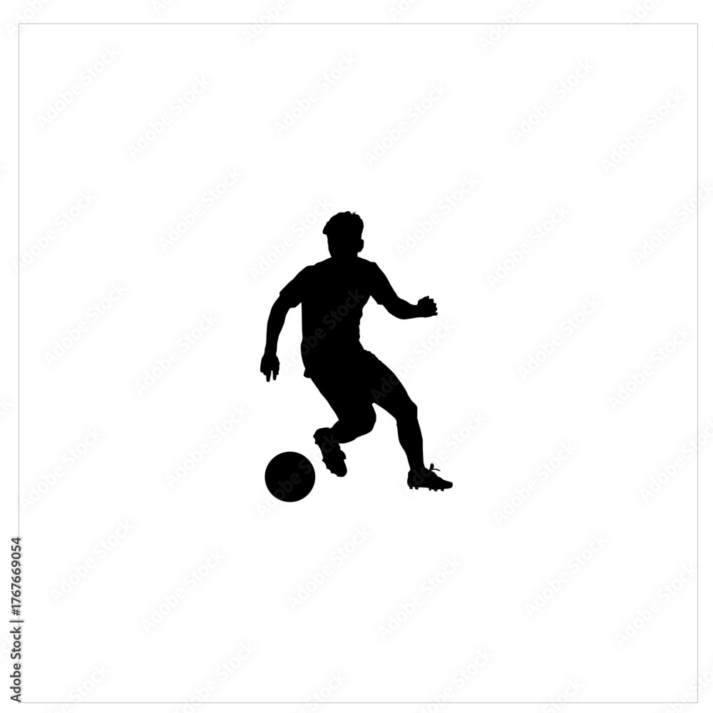 Fototapeta premium Silhouette of a male soccer player dribbling a ball on a white background