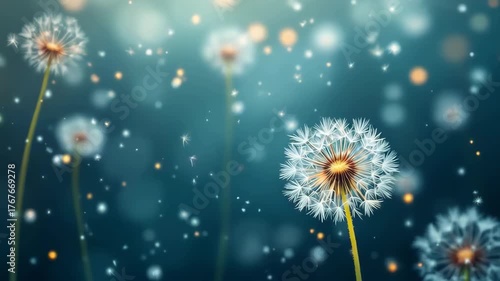Close Up Of Dandelion Seeds Floating In The Air With Soft Bokeh Lights Against A Dark Blue Gradient Background