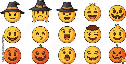 Spooky halloween emoji collection featuring jack-o-lantern faces witch hat characters and scary expressions for festive themed designs and decorations vector Hallowing Day