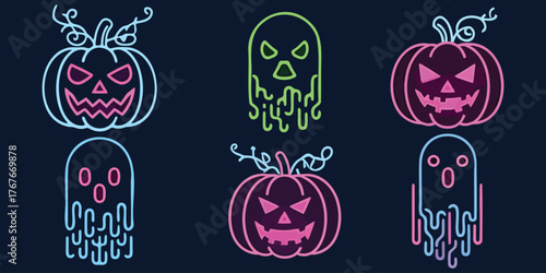 Neon halloween icons set featuring spooky jack-o-lanterns and ethereal ghosts glowing with vibrant colors for festive decorations vector Hallowing Day