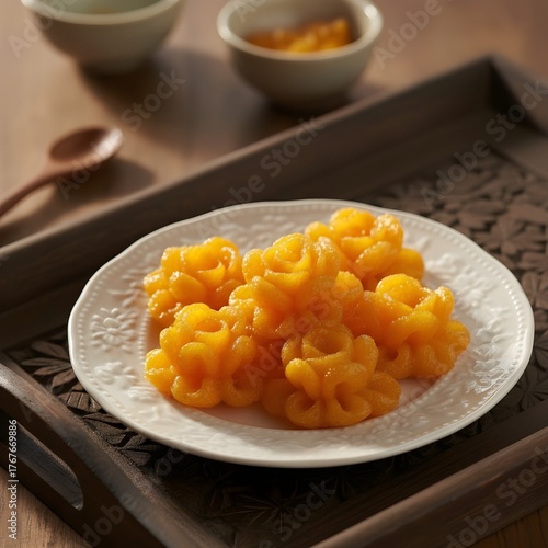 Elegant Macro Shot of Thong Yip (Pinched Gold), an Auspicious Traditional Thai Dessert. Golden Flower-Shaped Sweet on a White Ceramic Plate, Emphasizing Glossy Texture and Warm Natural Light.