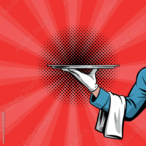 A hand holding an empty tray. Pop art in comic book style.