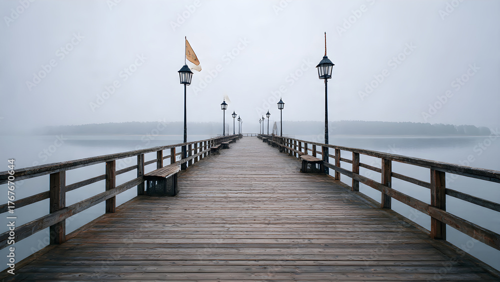 Fototapeta premium Very long wooden pier with lamps
