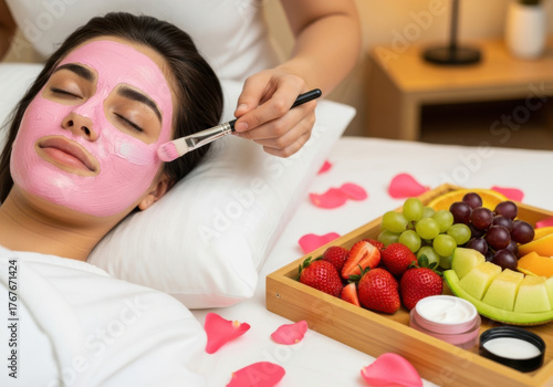 Woman enjoying spa treatment with fresh fruit platter and rose petals