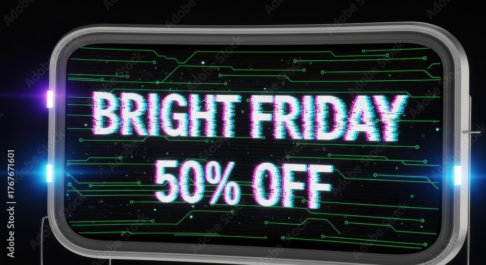 Obraz premium Bright friday promotion with glitch effect and 50 off discount on a digital screen