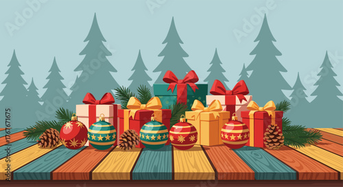 Festive holiday gifts and ornaments on rustic wooden table with wintery trees background create a cozy Christmas atmosphere