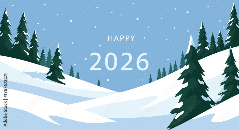 Fototapeta premium Celebrate a Happy 2026 with this winter wonderland scene perfect for holiday greetings and festive promotions, set in a serene snowy landscape