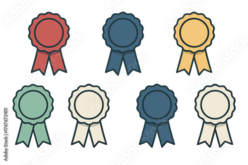 Set of eight colorful rosette badges with ribbons symbolizing quality achievement and certification