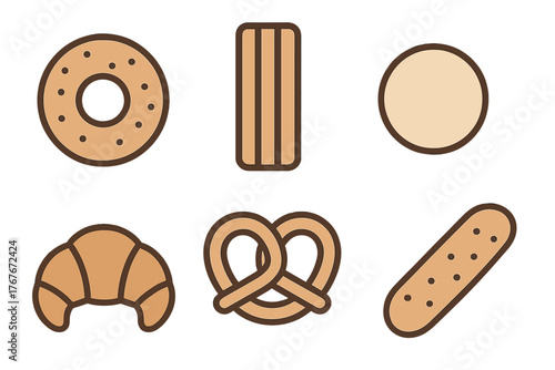 Assortment of baked goods including bagel, croissant, pretzel, and breadsticks