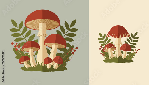 Delightful mushroom patch illustration with red caps and leafy greens for whimsical designs and nature-inspired projects perfect for autumn themes