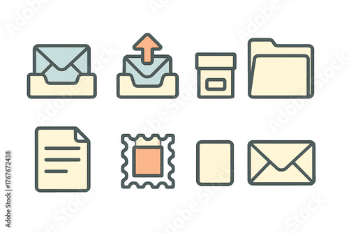 Essential office and digital communication symbols including mail, folder, document, and stamp signs