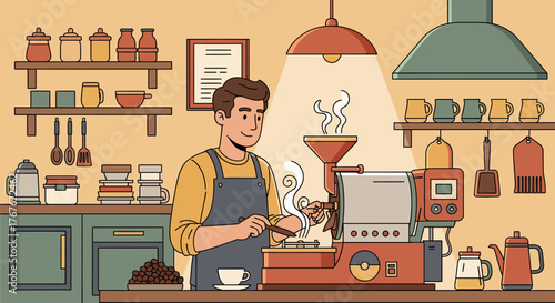 Barista roasting coffee beans with equipment in a warm inviting kitchen