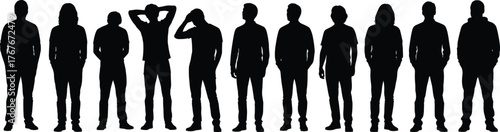Human silhouette vector illustration, standing poses, body language, black icons, posture variation, casual stance, expressive figures, motion design, lifestyle concept
