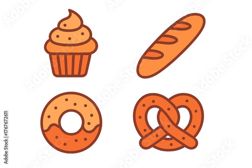 Stylized set of four popular baked goods including cupcake baguette donut and pretzel