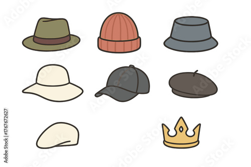 Collection of various headwear including fedora, beanie, baseball cap, and golden crown icon