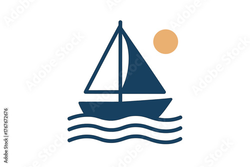 Stylized sailing boat navigating the deep blue ocean waves at sunset