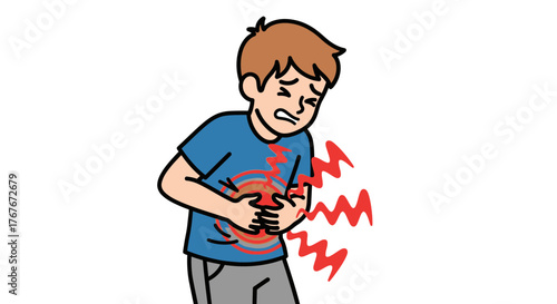 Cartoon depiction of a boy experiencing abdominal pain clutching stomach