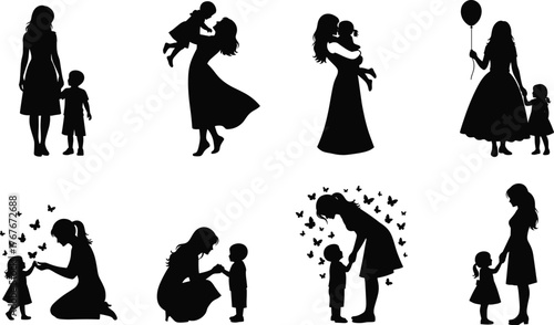 Mother and child silhouette vector illustration, black and white, nurturing moments, family bond, parenting theme, emotional connection, caregiver design, love graphic art