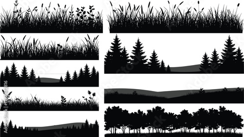 Nature landscape silhouette vector illustration, black and white, forest and grass elements, terrain shapes, botanical theme, outdoor design, scenic graphic art