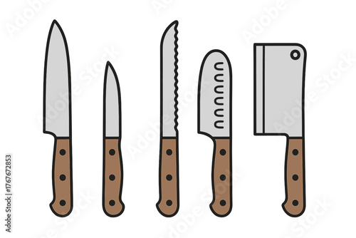 Set of professional kitchen knives including chef knife, utility knife, bread knife, and meat cleaver