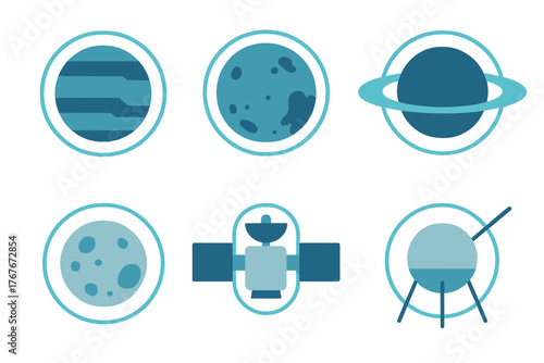 Set of six astronomy and space exploration icons featuring planets, moon, and artificial satellites