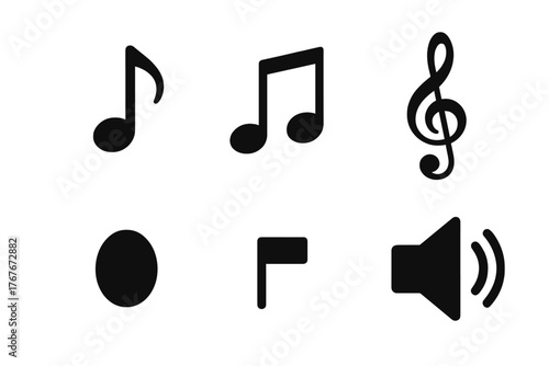 Black musical notes, treble clef, and volume speaker icons for media interface design