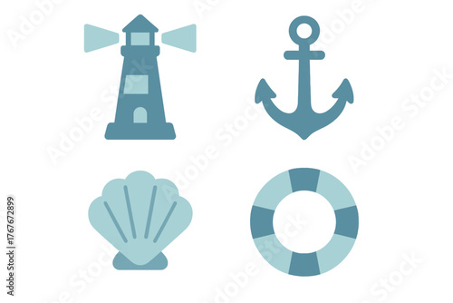 Lighthouse, anchor, seashell, and life preserver ring in flat marine symbol collection