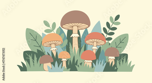 Charming mushroom patch with whimsical foliage, perfect for autumnal designs and earthy projects with a touch of simple, nature-inspired beauty