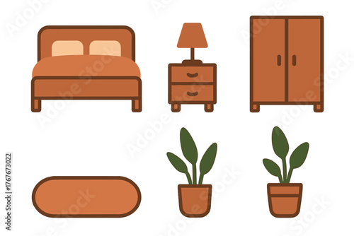 Modern bedroom interior elements collection including bed nightstand closet and decorative houseplants