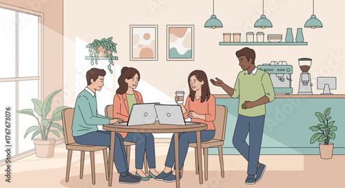 Collaborative Team Working on Laptops in a Cafe with a Barista Presenting