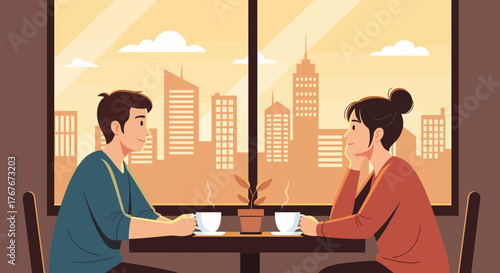 Couple enjoying coffee conversation and city views in a cafe setting