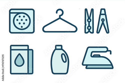 Household laundry care symbols set including washing machine, clothes hanger, and iron
