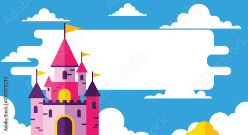 Enchanting cartoon castle with pink towers against a blue sky backdrop creating a magical fairytale scene with whimsical charm for dreamy designs