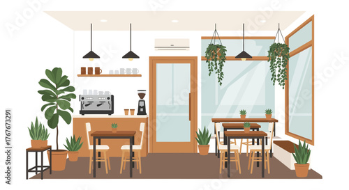 Cozy Cafe Interior with Tables Chairs Plants and Coffee Machine