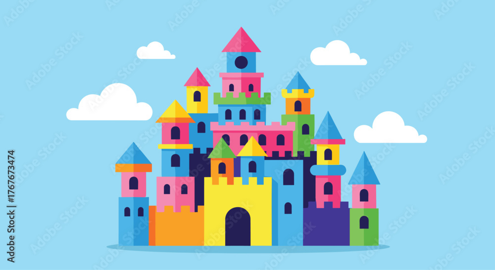 Fototapeta premium Vibrant cartoon castle rising to the sky with fluffy clouds, perfect for children's books and fantasy adventures, bringing imagination to life