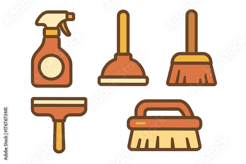 Essential household cleaning equipment including spray bottle, plunger and scrub brush