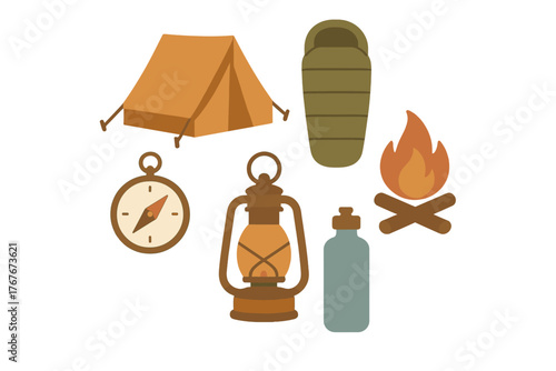 Essential camping and outdoor adventure equipment set featuring tent sleeping bag and compass