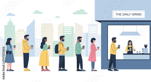 Diverse Individuals Waiting in Line at The Daily Grind Coffee Shop