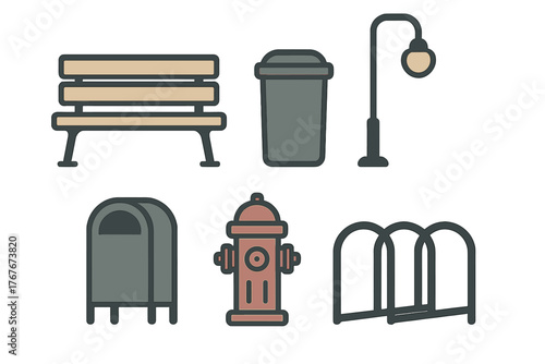 Essential urban infrastructure objects set including bench, trash can, street lamp, and fire hydrant