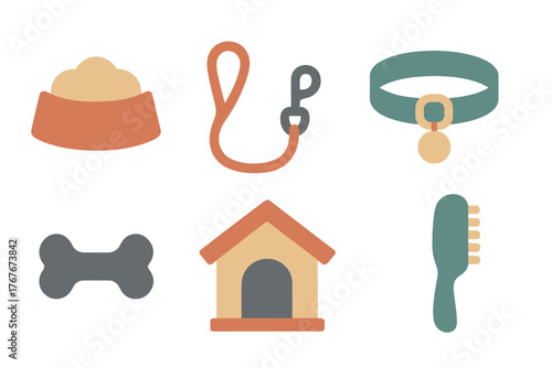 Essential dog accessories collection including food bowl leash collar bone house and brush