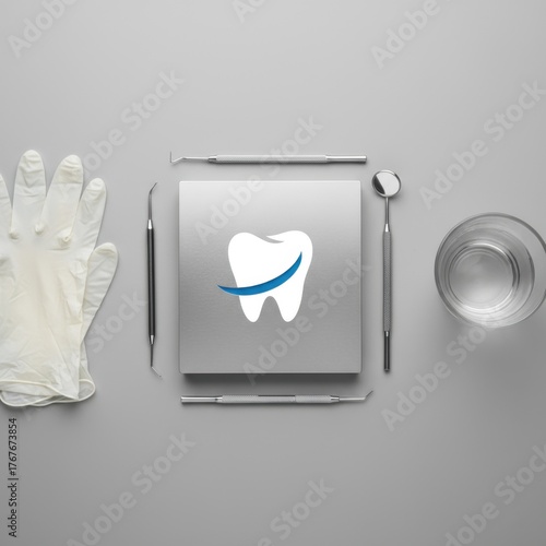 Dental tools and equipment arranged on a gray surface, featuring a tooth logo, gloves, and a glass of water, illustrating a professional dental care environment