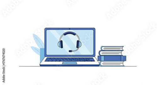 Modern laptop displaying headset, books for online learning success or business support in simple style with blue tones for professional appeal