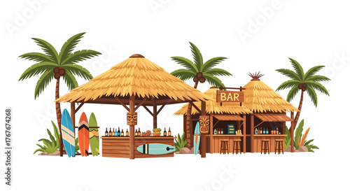 Tropical tiki bar with surfboards and palm trees for vacation vibes, perfect for summer fun and island getaways