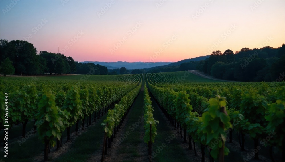 Fototapeta premium A vineyard landscape at dawn, with misty valleys and dew kissed vines, representing the origin and natural beauty of wine production. Panoramic view of a vast vineyard at dawn. Rolling hills are