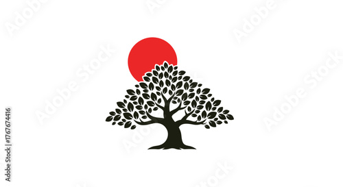 Elegant tree silhouette against rising sun for nature-inspired brand or logo design, conveying growth, strength, and serenity in a minimalist style